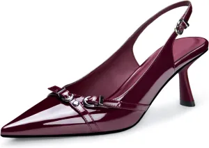 Kitten Heels for Women Closed Pointed Toe Heels Patent Leather Low Heel Slingback Dress Shoes Feature Adjustable Buckle for Date Party Work Office Comfortable Sexy Pumps Shoes