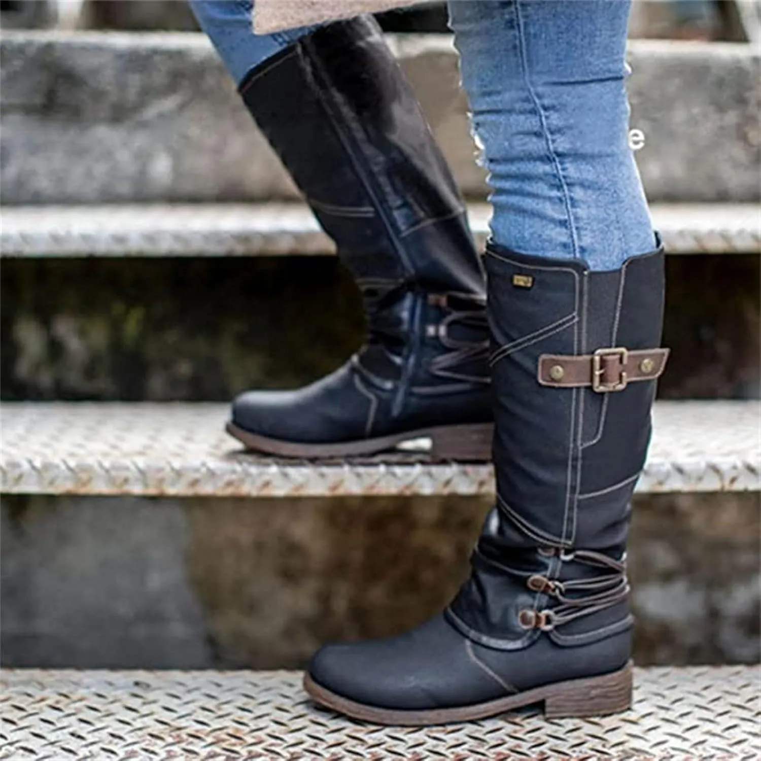 Knee High Boots Women Wide Calf Flat Heel Square Toe Motorcycle Boots Fashion Buckles Biker Riding Mid Calf Boots