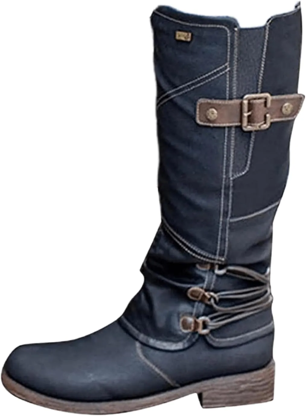 Knee High Boots Women Wide Calf Flat Heel Square Toe Motorcycle Boots Fashion Buckles Biker Riding Mid Calf Boots