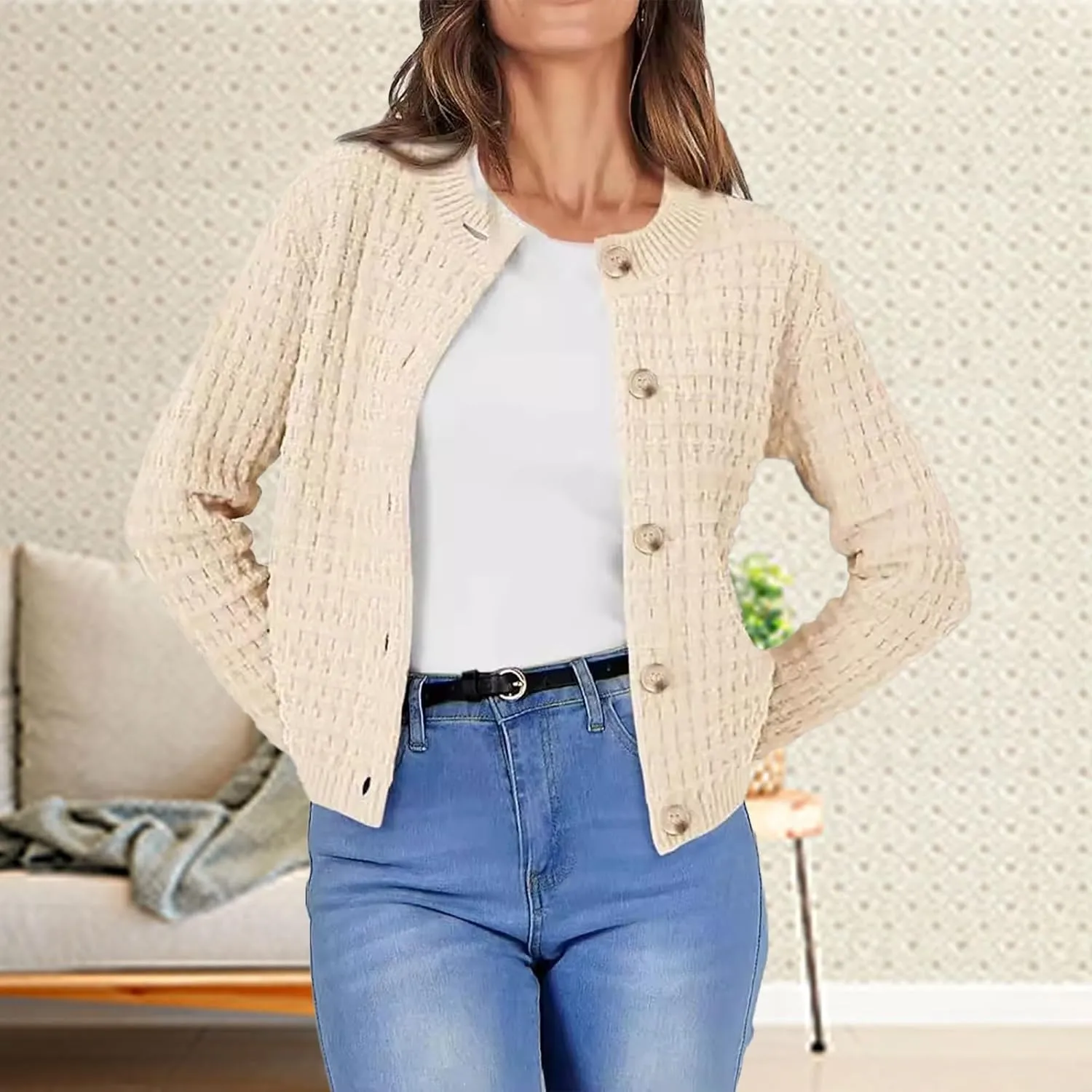 Knit Cardigan Sweaters for Women Casual Long Sleeve Button Tops Fashion Solid Color Open Front Blouse Fall Outfits