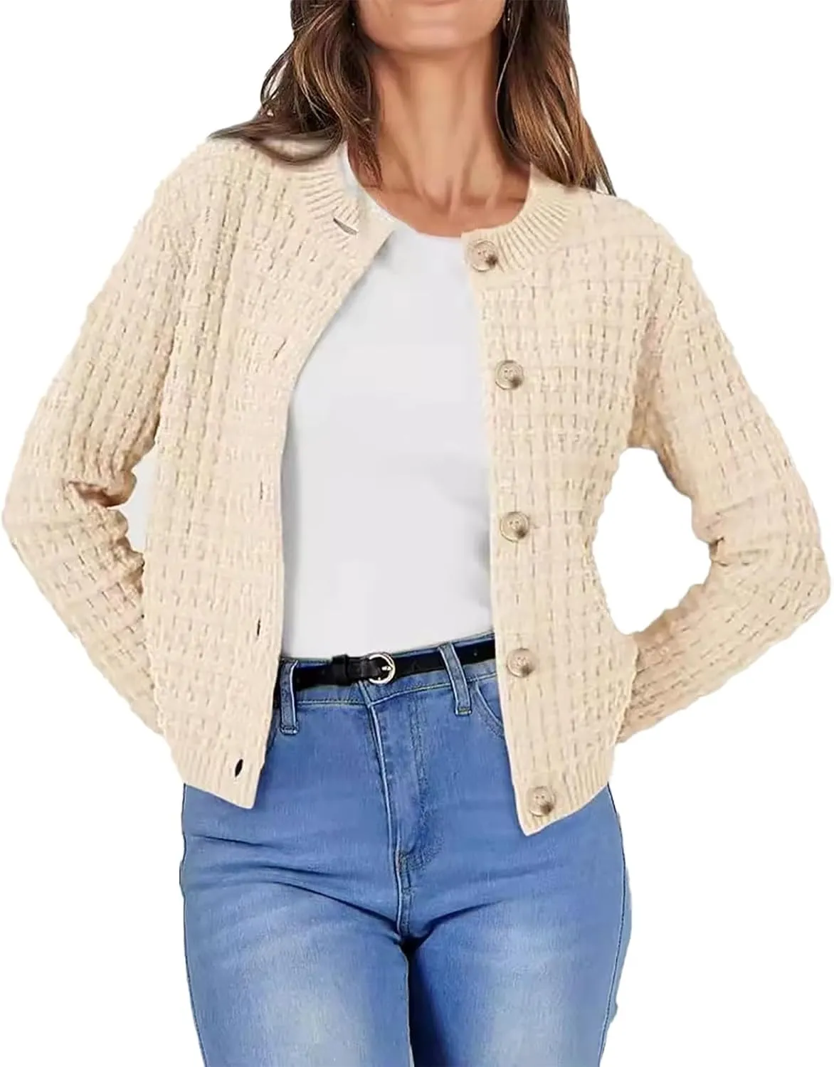 Knit Cardigan Sweaters for Women Casual Long Sleeve Button Tops Fashion Solid Color Open Front Blouse Fall Outfits