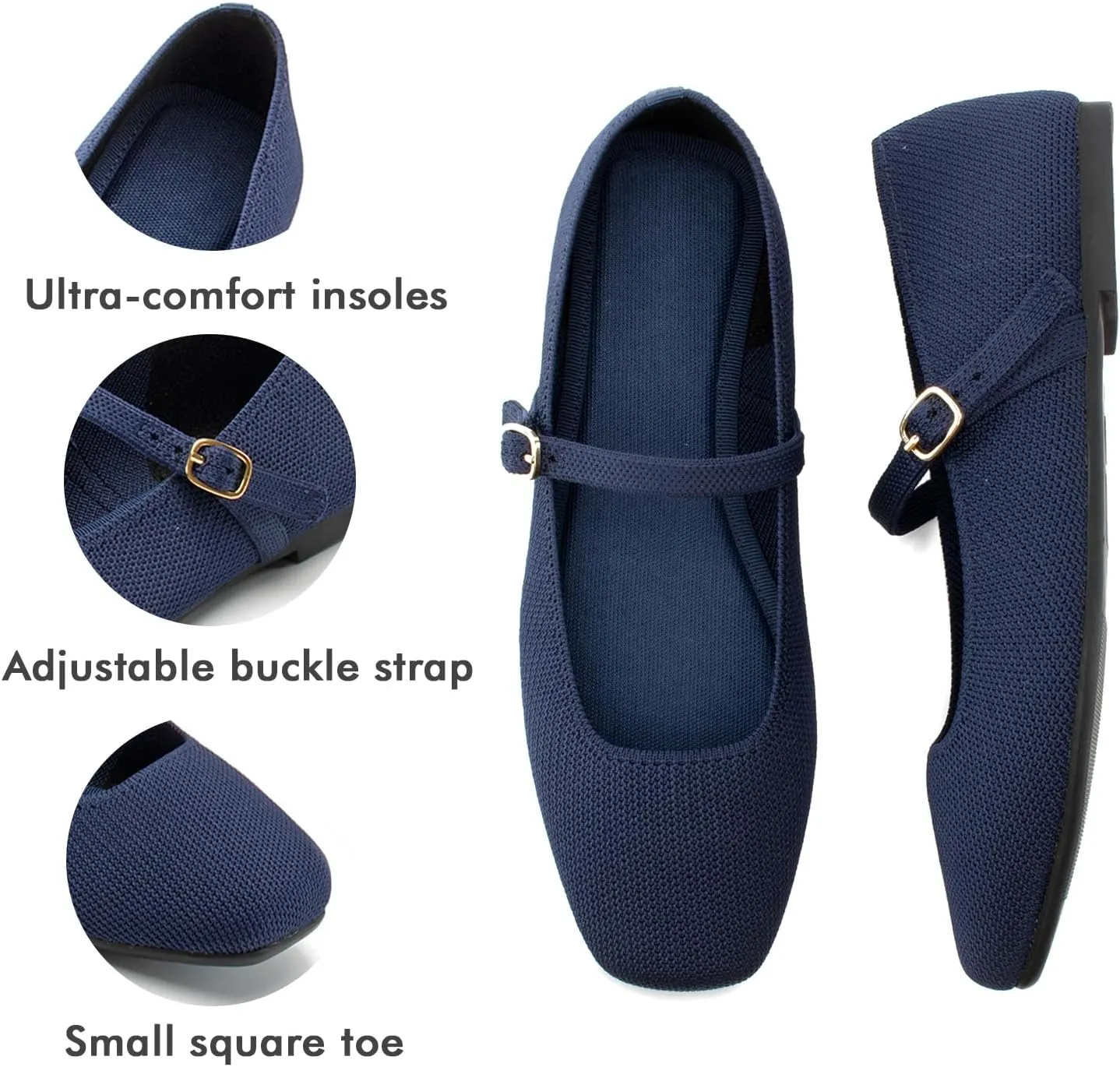 Knit Flats for Women Square Toe Flats Casual Ballet Flats with Ankle Strap,Mary Jane Shoes Women Comfortable for Dressy Office