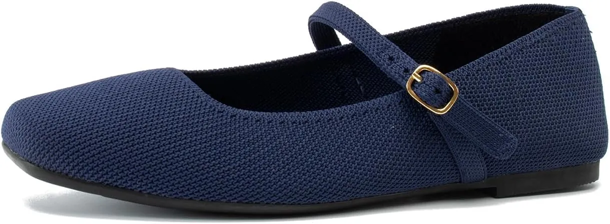 Knit Flats for Women Square Toe Flats Casual Ballet Flats with Ankle Strap,Mary Jane Shoes Women Comfortable for Dressy Office