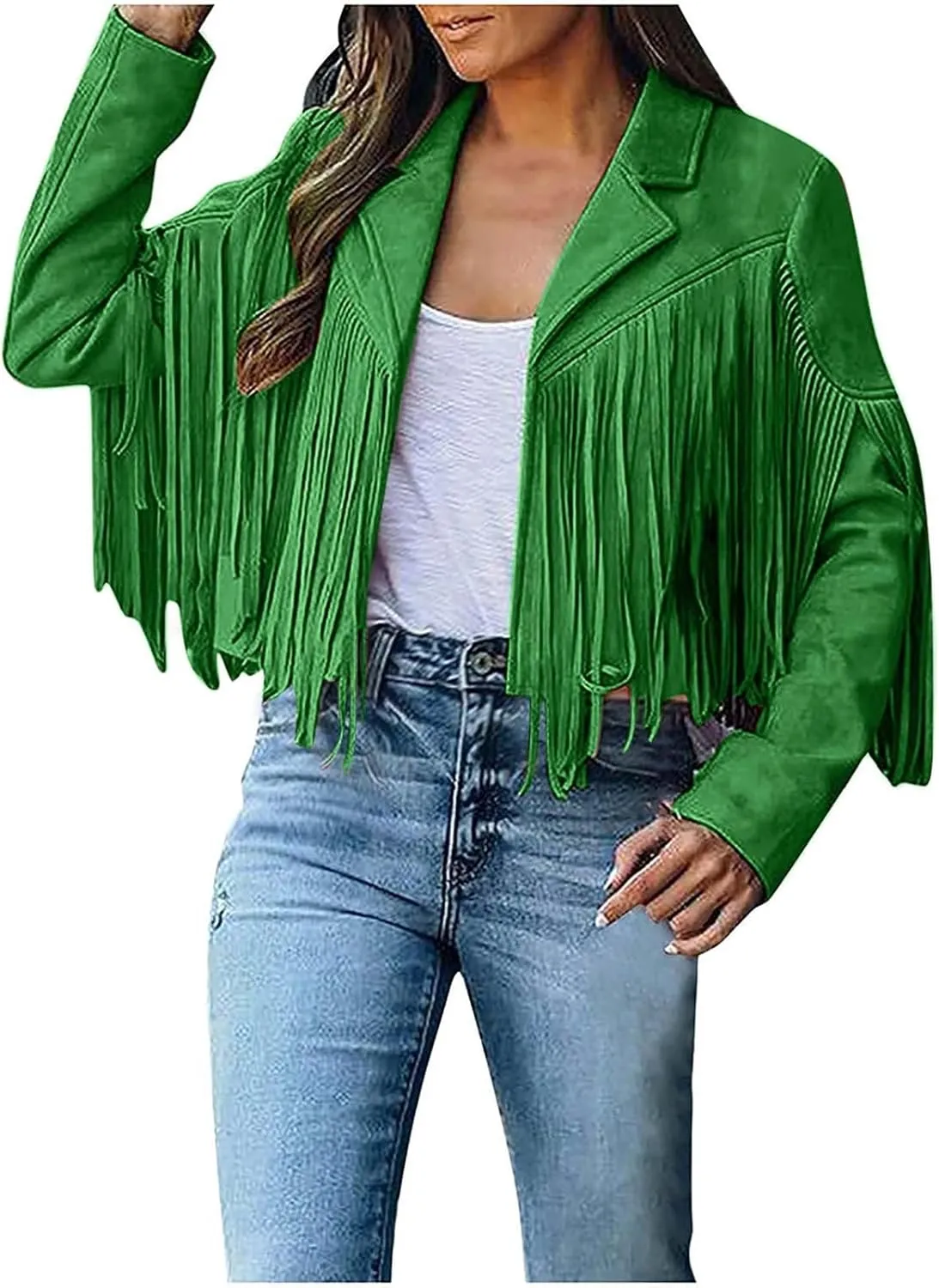 Kubbon Women's Fringe Faux Suede Leather Jackets 2024 Fall Long Sleeve Tassel Cropped Cowboy Coats Motorcycle Outfits