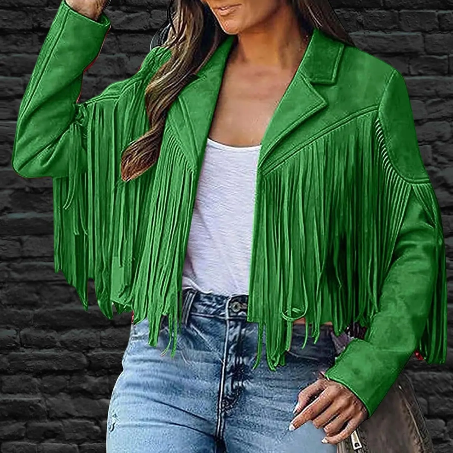 Kubbon Women's Fringe Faux Suede Leather Jackets 2024 Fall Long Sleeve Tassel Cropped Cowboy Coats Motorcycle Outfits