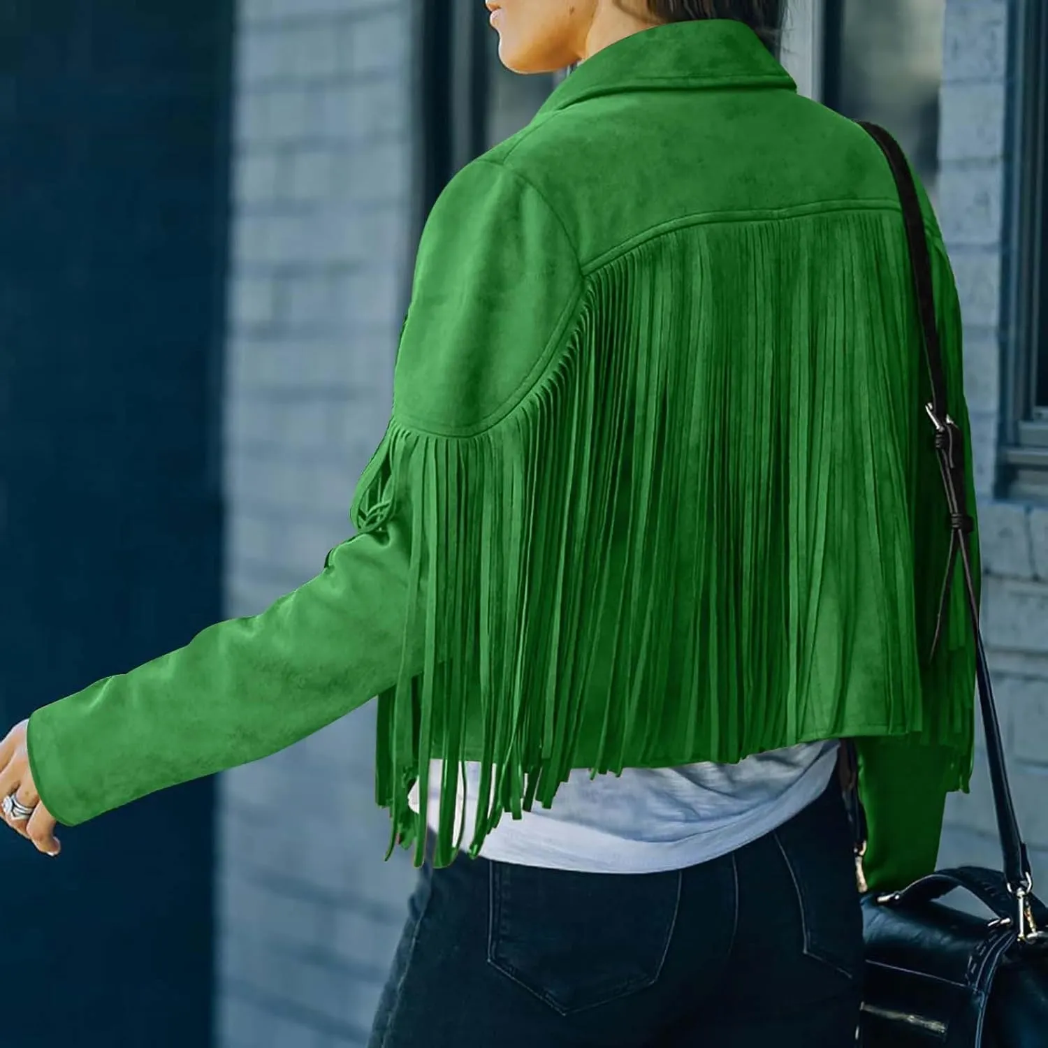 Kubbon Women's Fringe Faux Suede Leather Jackets 2024 Fall Long Sleeve Tassel Cropped Cowboy Coats Motorcycle Outfits