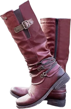 Ladmiple Boots For Women Knee High Wide Calf Leather Winter Side Zipper Combat Boots Western Motorcycle Riding Biker Boots