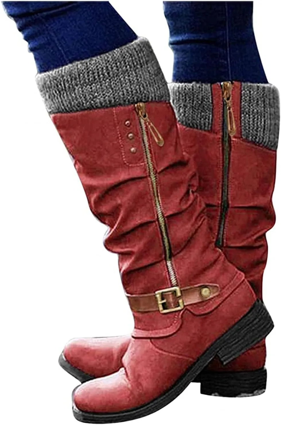 Ladmiple Motorcycle Boots Women Riding Military Combat Boots Mid Calf Side Zipper Low Heel Winter Western Biker Boots 2024