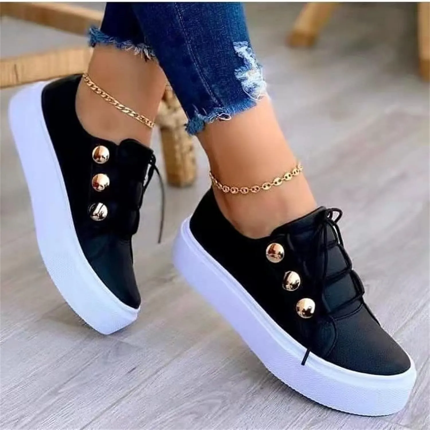 Ladmiple Sneakers For Women Slip On Wide Width Casual Leather Walking Shoes Dressy Casual Summer Lace Up Platform Loafer
