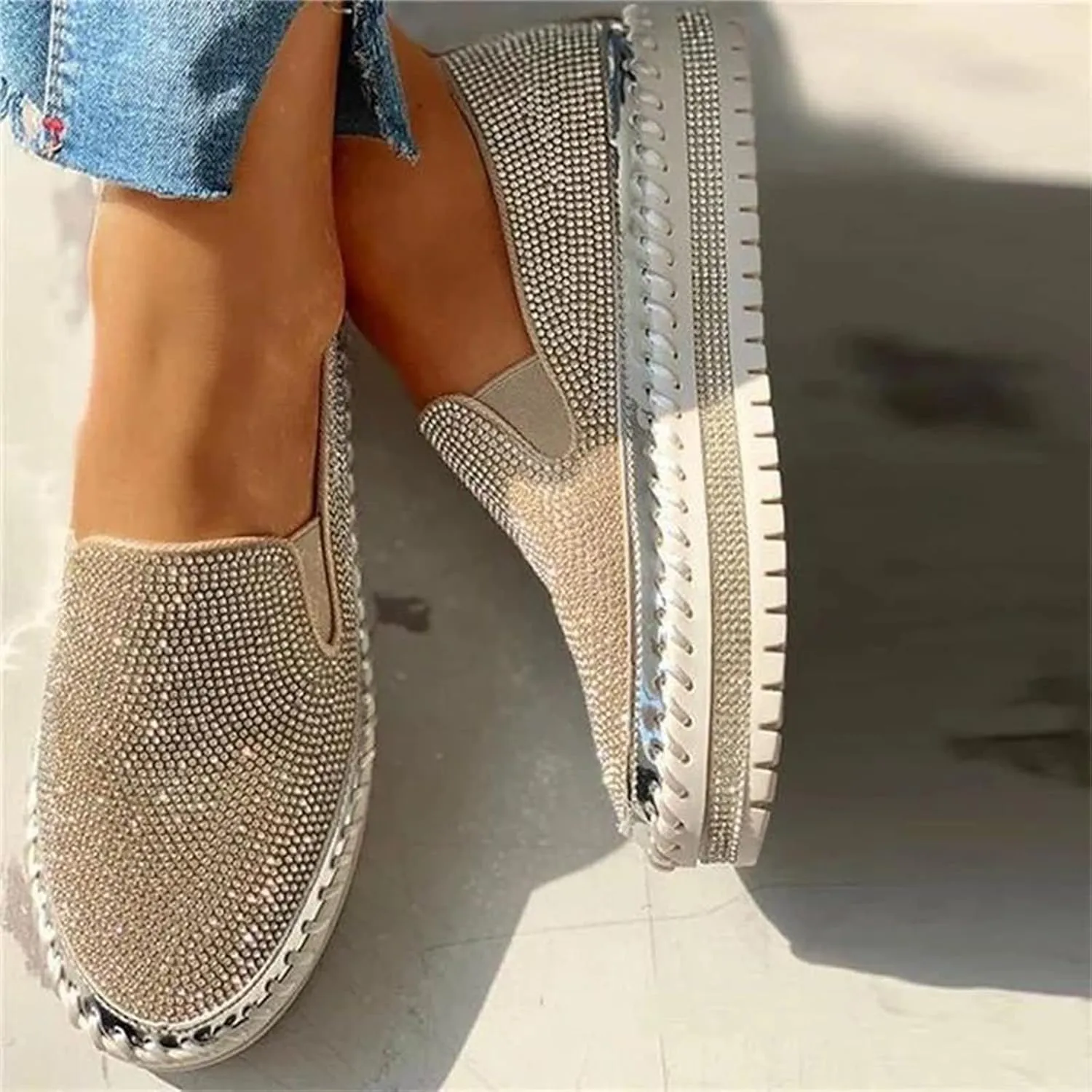 Ladmiple Sneakers For Women Walking Shoes Wide Width Slip On Loafers Comfort Fashion Dressy Casual Summer Glitter Shoes
