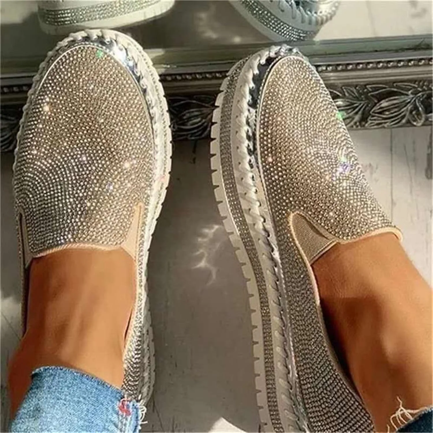 Ladmiple Sneakers For Women Walking Shoes Wide Width Slip On Loafers Comfort Fashion Dressy Casual Summer Glitter Shoes