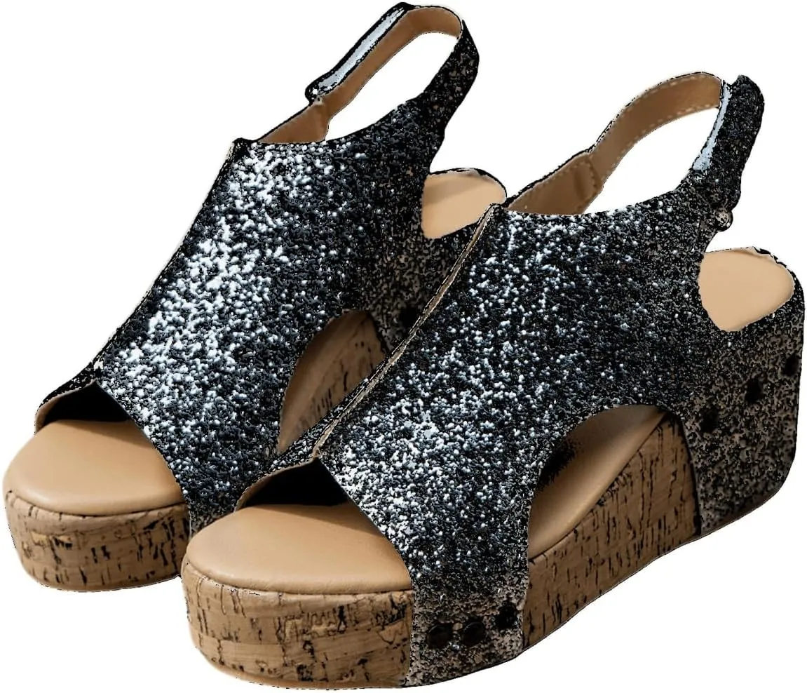 Ladmiple Womens Sandals Comfortable Dressy Wedge Heel Platform Sandals Ankle Strap Open Toe Casual Summer Glitter Dress Shoes