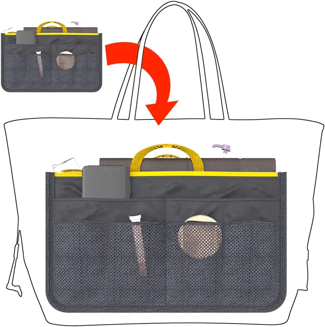 Large Capacity Purse Organizer Nylon Multiple Pockets Handbag Organizer with Mesh Grid Men Women Outdoor Travel Insert Compartment Tote Bag for Cosmetics Mobile Phones Cards Money(grey)