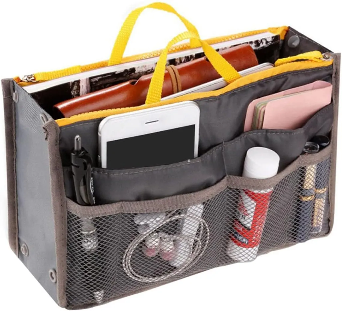 Large Capacity Purse Organizer Nylon Multiple Pockets Handbag Organizer with Mesh Grid Men Women Outdoor Travel Insert Compartment Tote Bag for Cosmetics Mobile Phones Cards Money(grey)