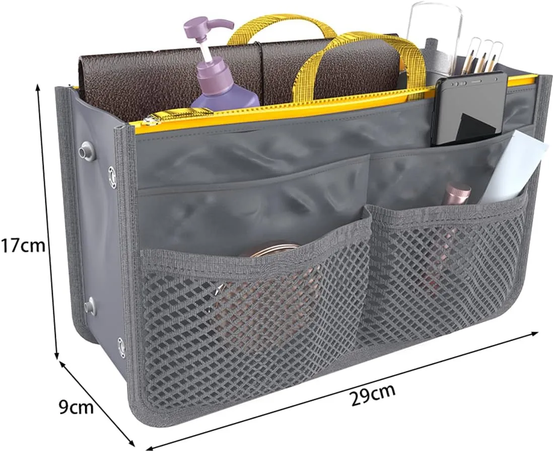 Large Capacity Purse Organizer Nylon Multiple Pockets Handbag Organizer with Mesh Grid Men Women Outdoor Travel Insert Compartment Tote Bag for Cosmetics Mobile Phones Cards Money(grey)