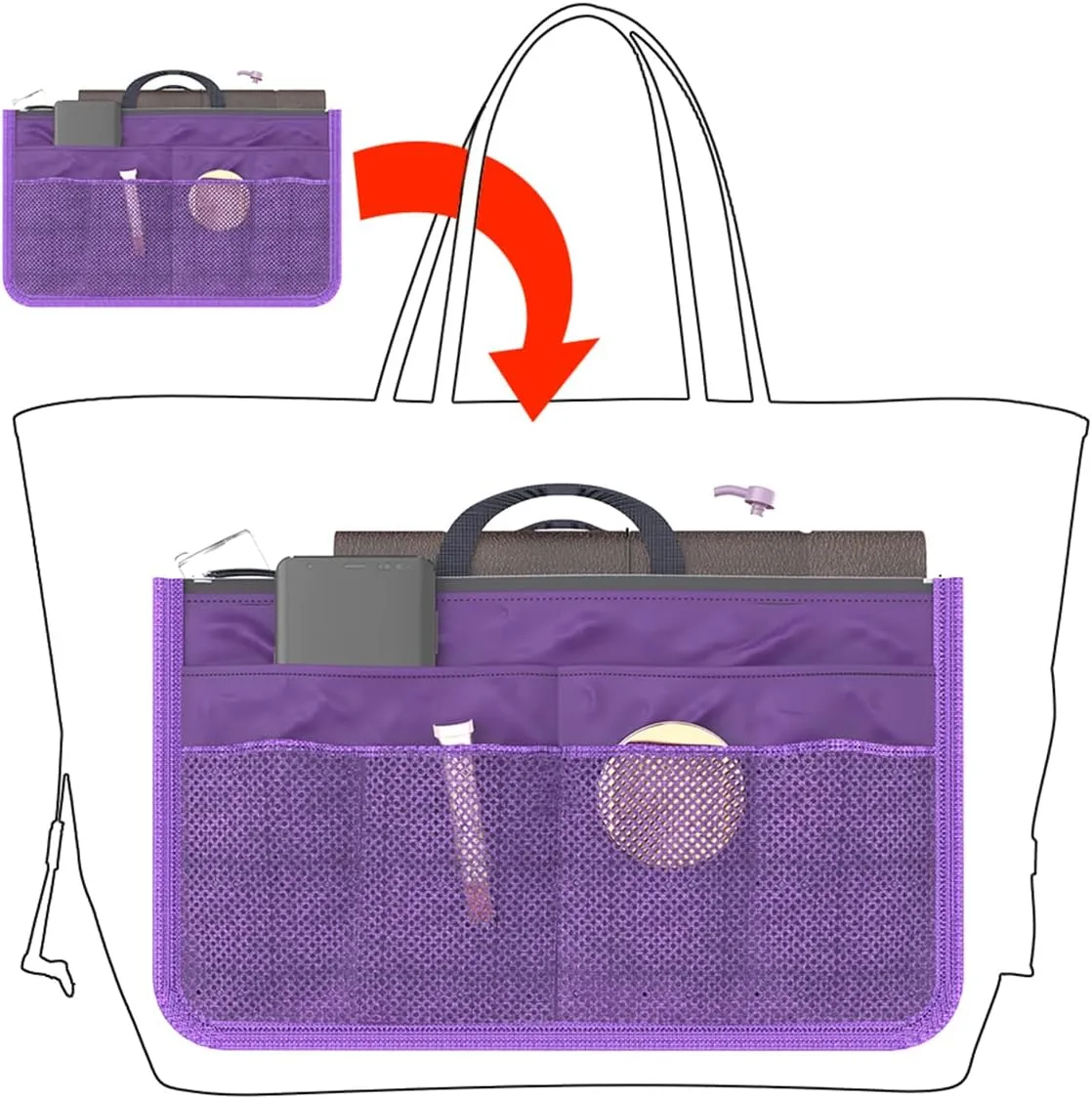 Large Capacity Purse Organizer Nylon Multiple Pockets Handbag Organizer with Mesh Grid Men Women Outdoor Travel Insert Compartment Tote Bag for Cosmetics Mobile Phones Cards Money(purple)