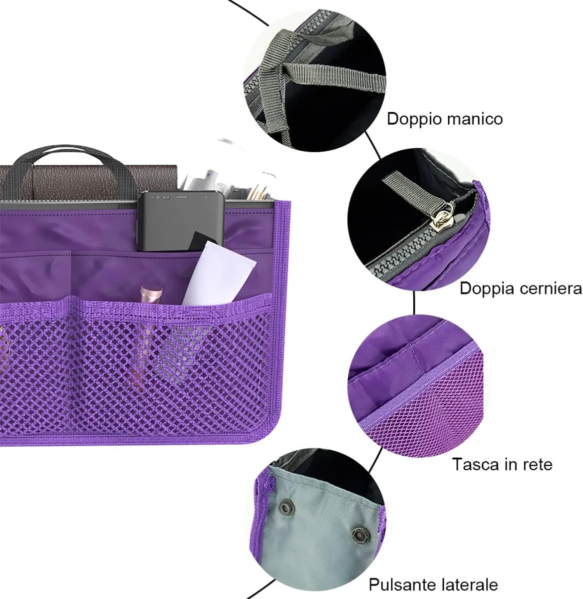 Large Capacity Purse Organizer Nylon Multiple Pockets Handbag Organizer with Mesh Grid Men Women Outdoor Travel Insert Compartment Tote Bag for Cosmetics Mobile Phones Cards Money(purple)