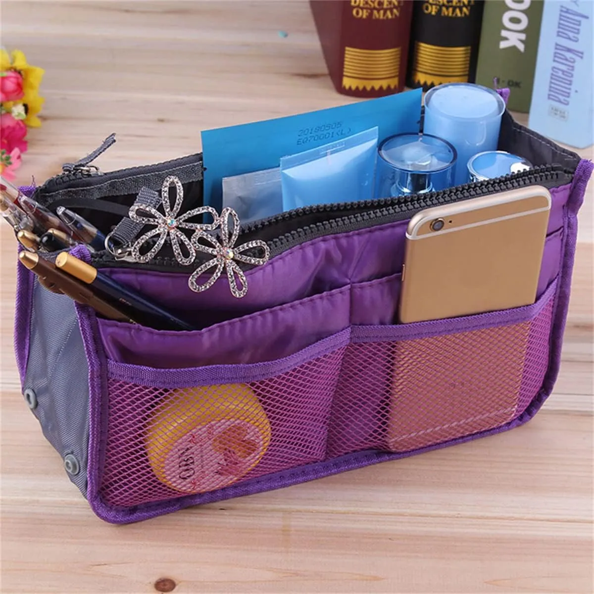 Large Capacity Purse Organizer Nylon Multiple Pockets Handbag Organizer with Mesh Grid Men Women Outdoor Travel Insert Compartment Tote Bag for Cosmetics Mobile Phones Cards Money(purple)