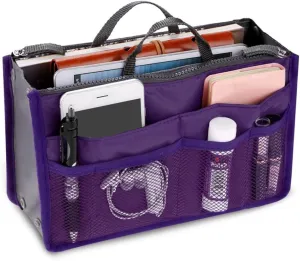 Large Capacity Purse Organizer Nylon Multiple Pockets Handbag Organizer with Mesh Grid Men Women Outdoor Travel Insert Compartment Tote Bag for Cosmetics Mobile Phones Cards Money(purple)