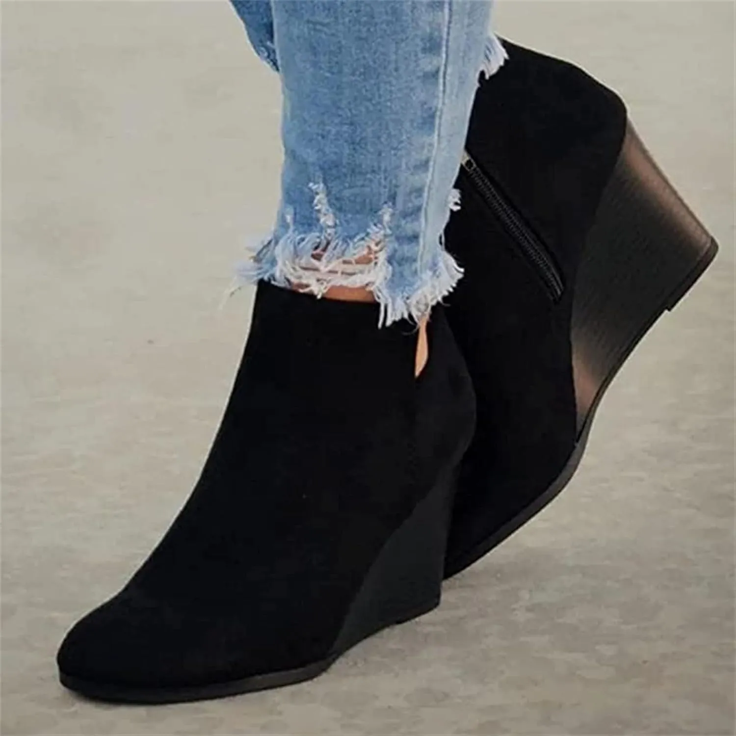 Lausiuoe Wedge Booties For Women Closed Toe Ankle Boots Slip on Casual Fashion Platform Western Heeled Fall Booties