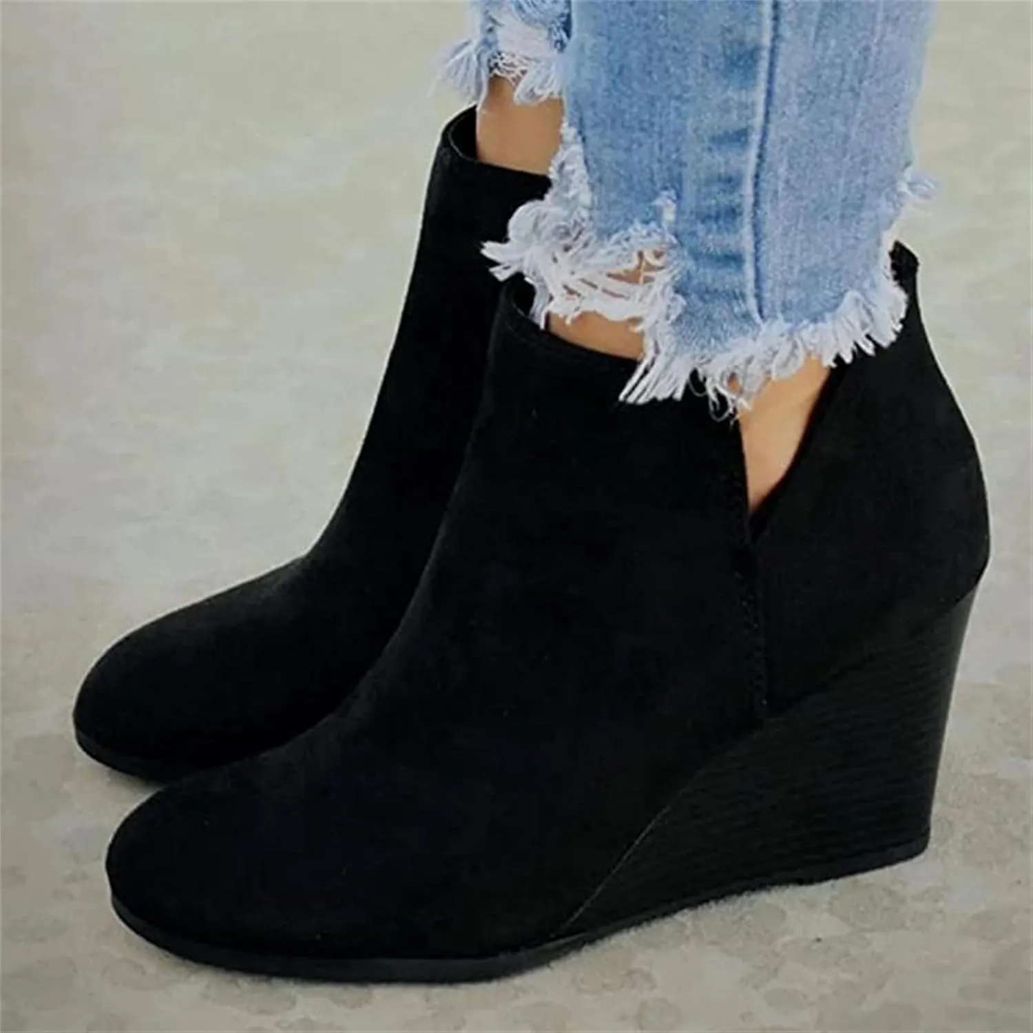 Lausiuoe Wedge Booties For Women Closed Toe Ankle Boots Slip on Casual Fashion Platform Western Heeled Fall Booties
