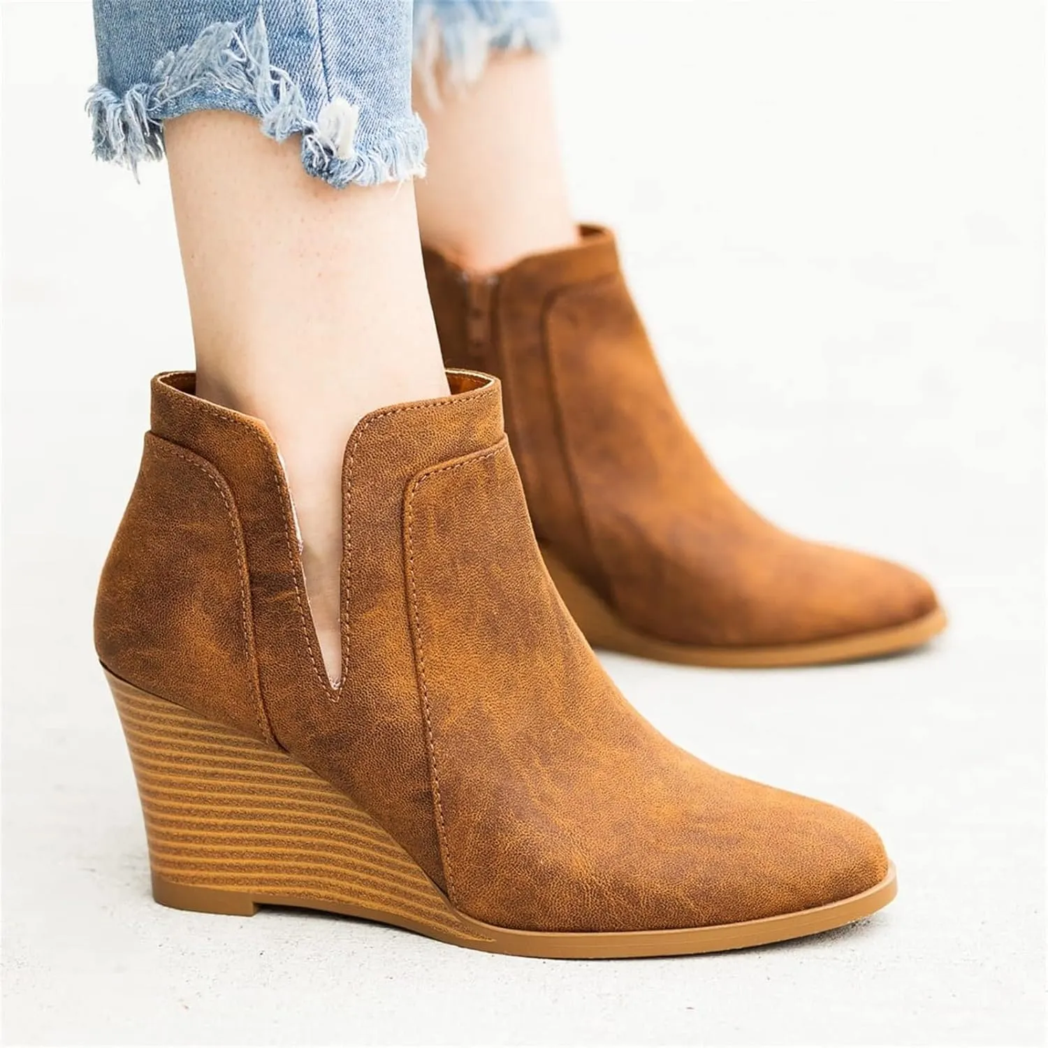 Lausiuoe Wedge Booties For Women Closed Toe Heeled Ankle Boots Casual Dressy Fashion Platform Wide Western Fall Booties