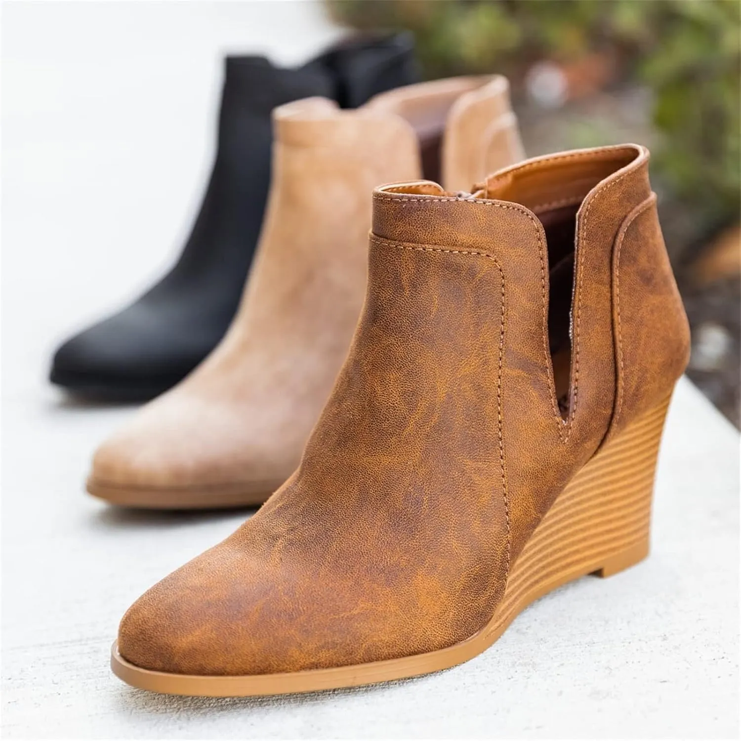 Lausiuoe Wedge Booties For Women Closed Toe Heeled Ankle Boots Casual Dressy Fashion Platform Wide Western Fall Booties