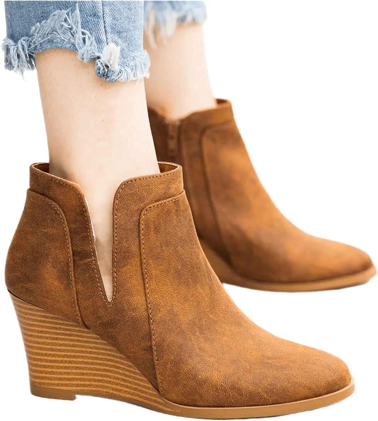 Lausiuoe Wedge Booties For Women Closed Toe Heeled Ankle Boots Casual Dressy Fashion Platform Wide Western Fall Booties