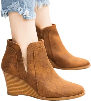 Lausiuoe Wedge Booties For Women Closed Toe Heeled Ankle Boots Casual Dressy Fashion Platform Wide Western Fall Booties