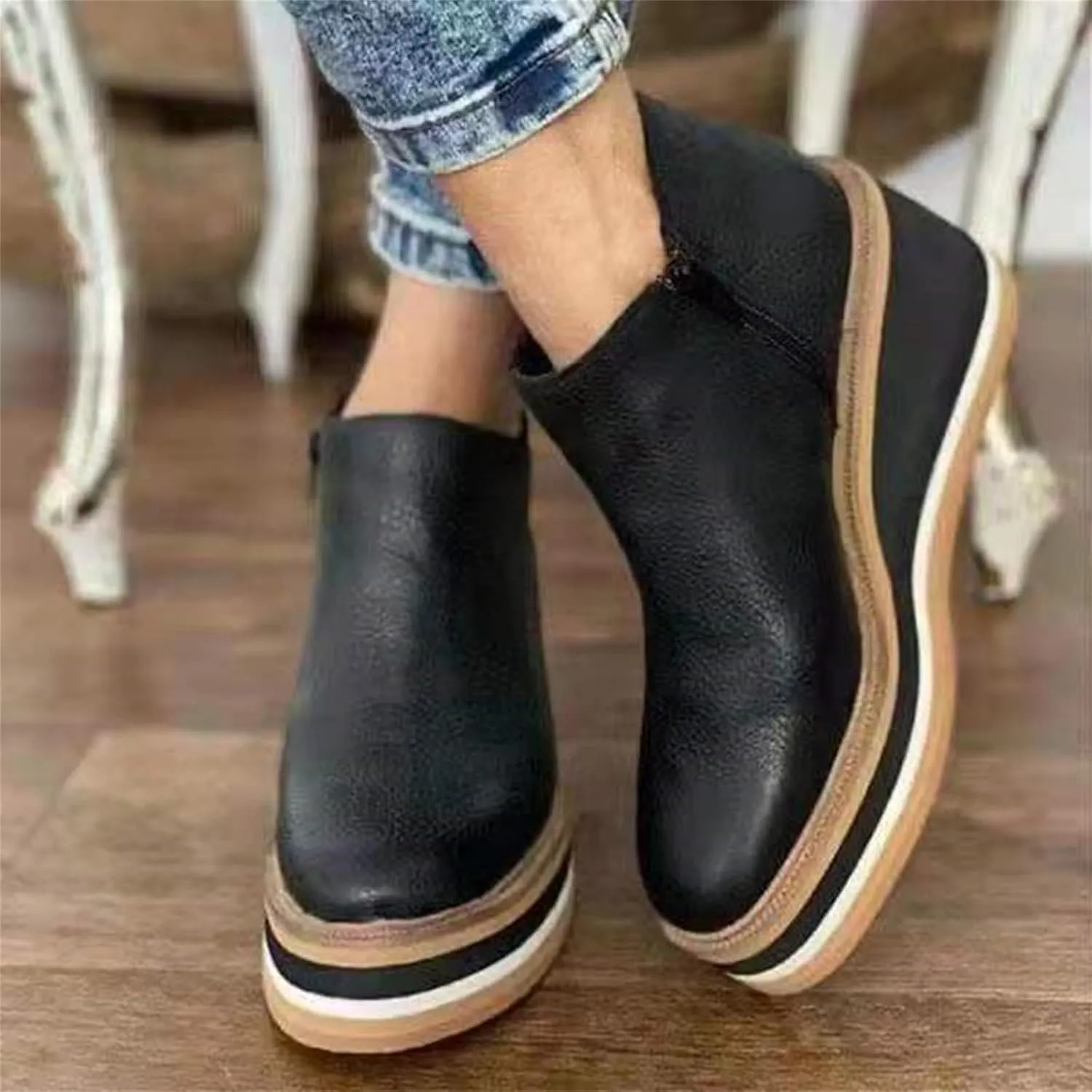 Lausiuoe Wedge Booties For Women Closed Toe Platform Ankle Booties Casual Dressy Western Wide Calf Heeled Fall Boots