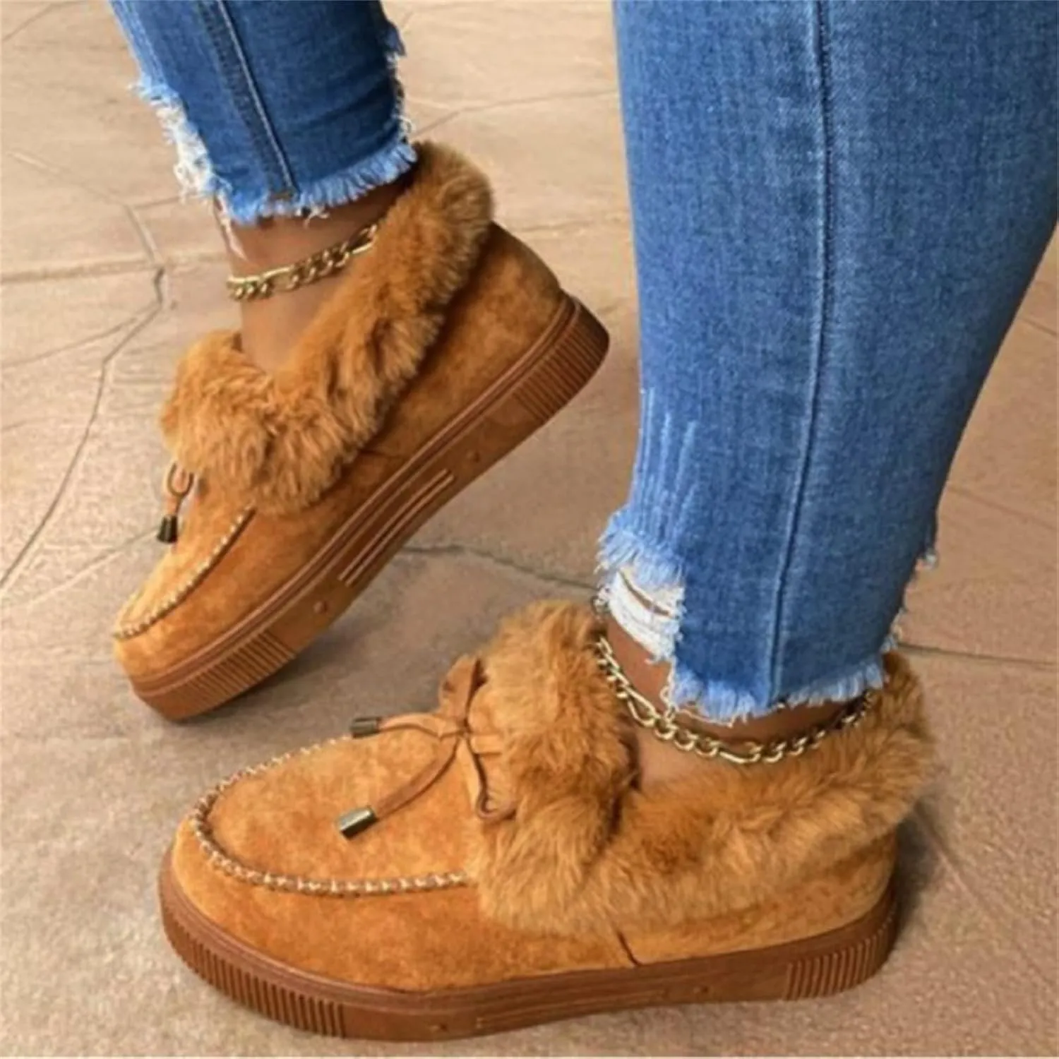 Lausiuoe Winter Fashion Boots For Women 2024 Snow Boots Classic Fuzzy Fur Lining Slip On Ankle Booties Warm Loafers Shoes
