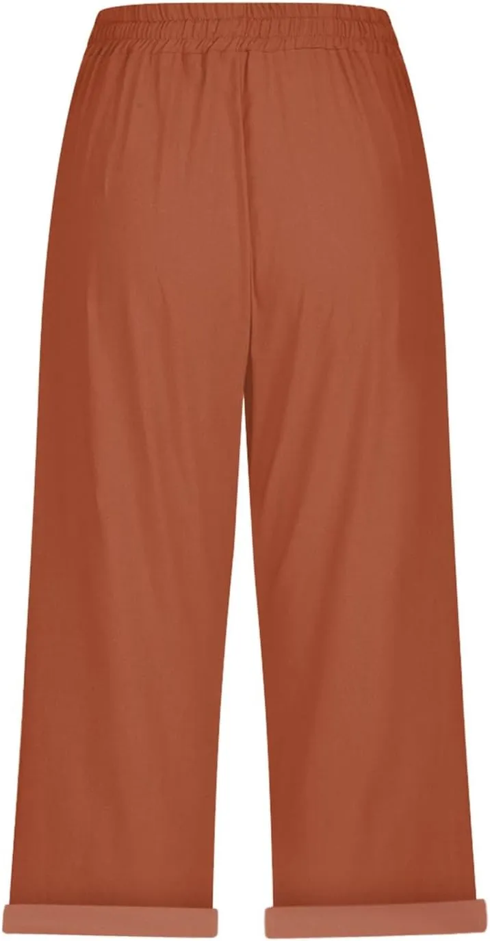 LCMTWX Wide Leg Linen Pants for Women 2025 Linen Elastic Seven Pants Beach Casual Pants Linen Capri Pants 2025 Pants with