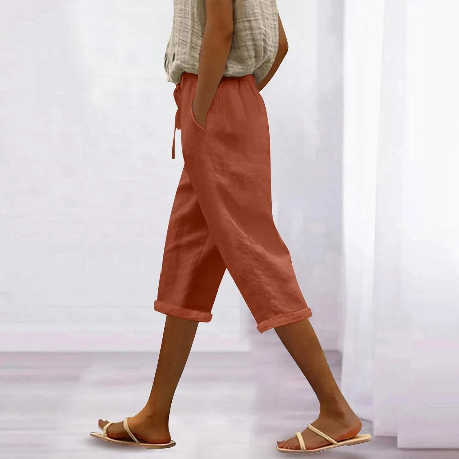 LCMTWX Wide Leg Linen Pants for Women 2025 Linen Elastic Seven Pants Beach Casual Pants Linen Capri Pants 2025 Pants with