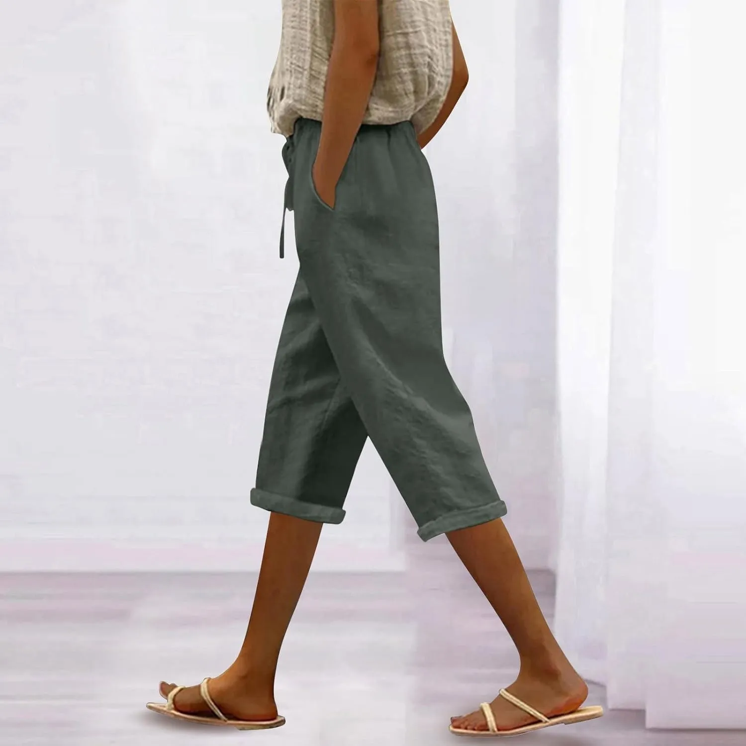LCMTWX Wide Leg Linen Pants for Women 2025 Linen Elastic Seven Pants Beach Casual Pants Linen Capri Pants 2025 Pants with