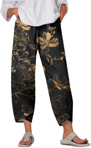 Linen Capri Pants for Women Wide Leg Floral Work Pants Casual Summer Lightweight Baggy Cropped Trousers with Pockets