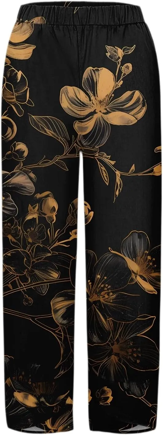 Linen Capri Pants for Women Wide Leg Floral Work Pants Casual Summer Lightweight Baggy Cropped Trousers with Pockets