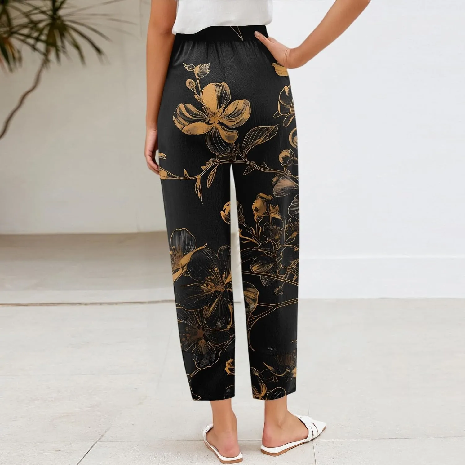 Linen Capri Pants for Women Wide Leg Floral Work Pants Casual Summer Lightweight Baggy Cropped Trousers with Pockets