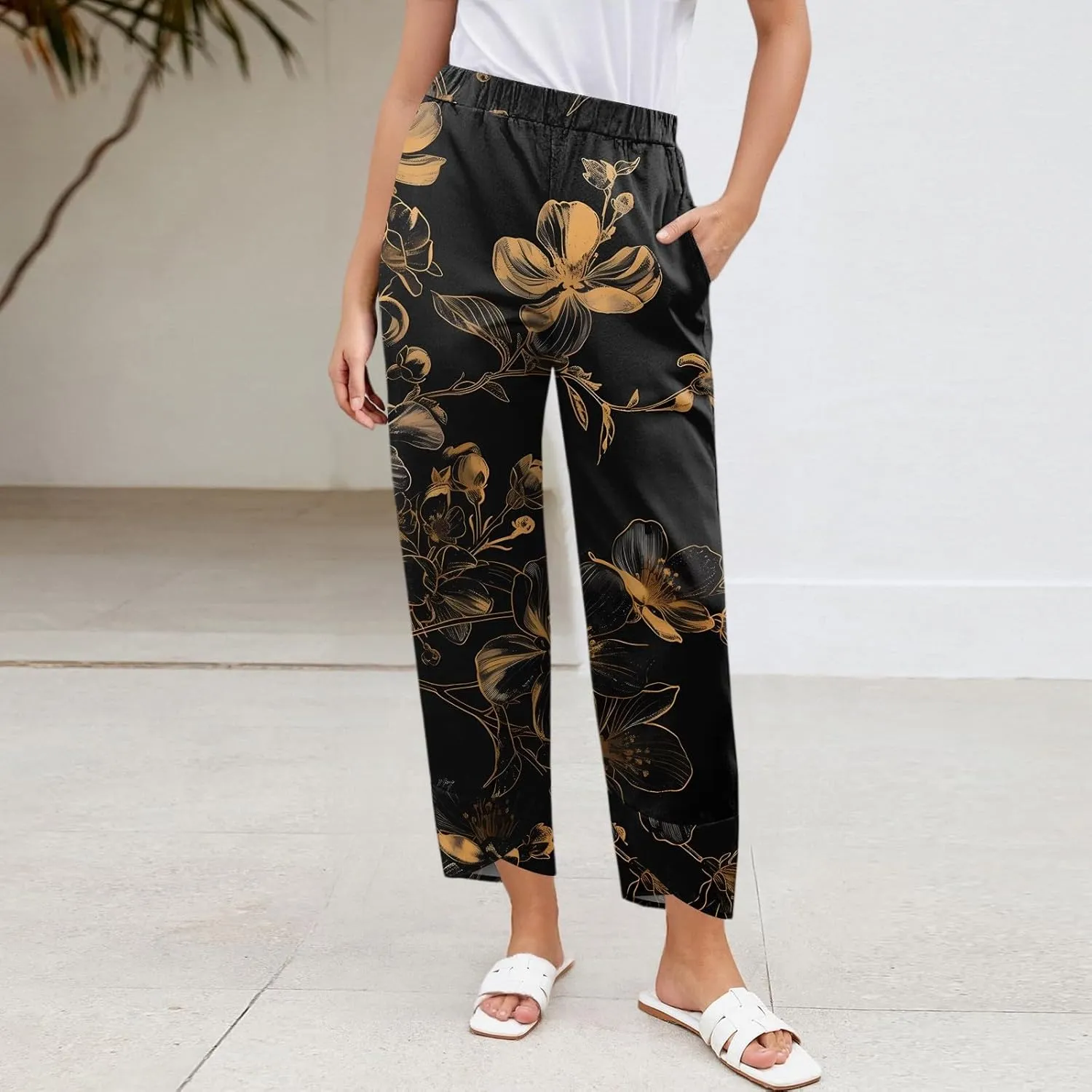 Linen Capri Pants for Women Wide Leg Floral Work Pants Casual Summer Lightweight Baggy Cropped Trousers with Pockets