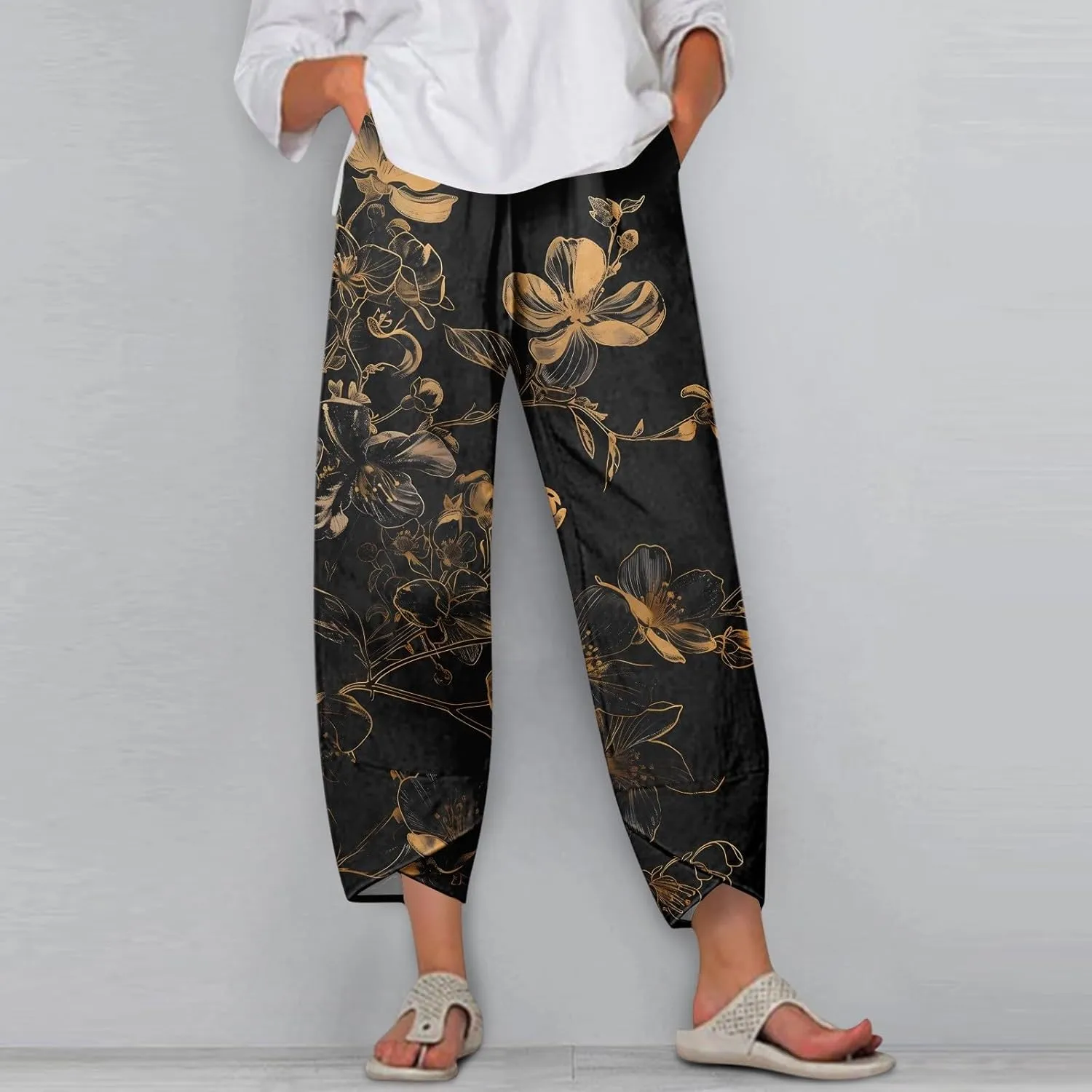Linen Capri Pants for Women Wide Leg Floral Work Pants Casual Summer Lightweight Baggy Cropped Trousers with Pockets