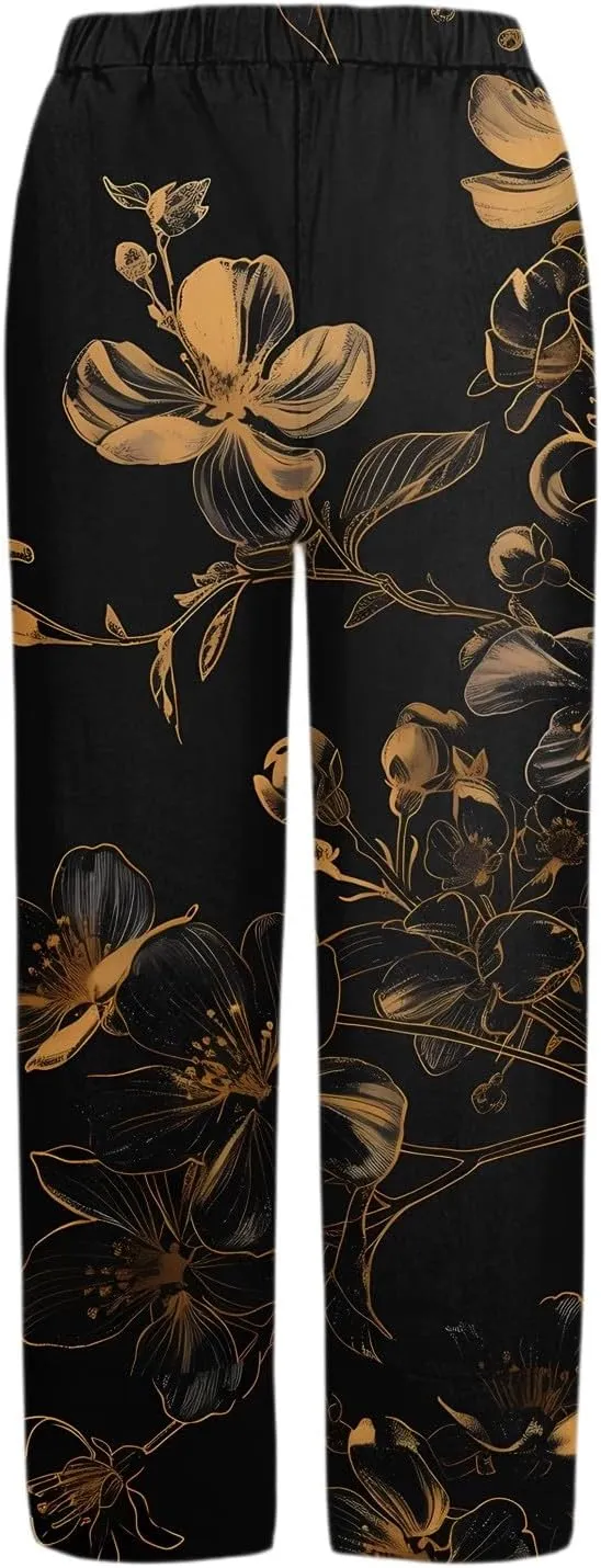 Linen Capri Pants for Women Wide Leg Floral Work Pants Casual Summer Lightweight Baggy Cropped Trousers with Pockets