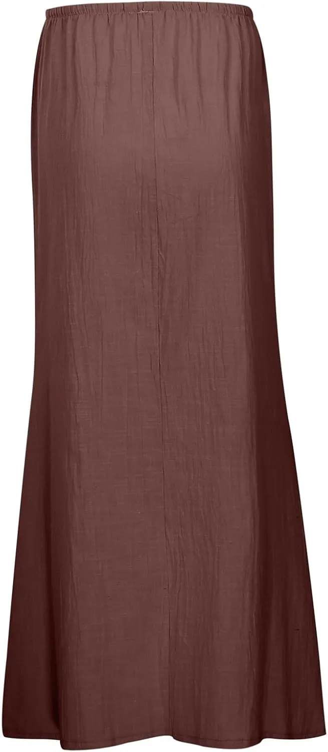 Linen Maxi Skirts for Women Summer Drawstring Waist A Line Skirts Cute Vacation Boho Beach Long Flowy Skirts