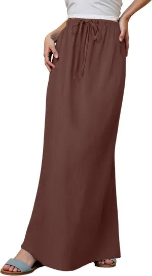 Linen Maxi Skirts for Women Summer Drawstring Waist A Line Skirts Cute Vacation Boho Beach Long Flowy Skirts