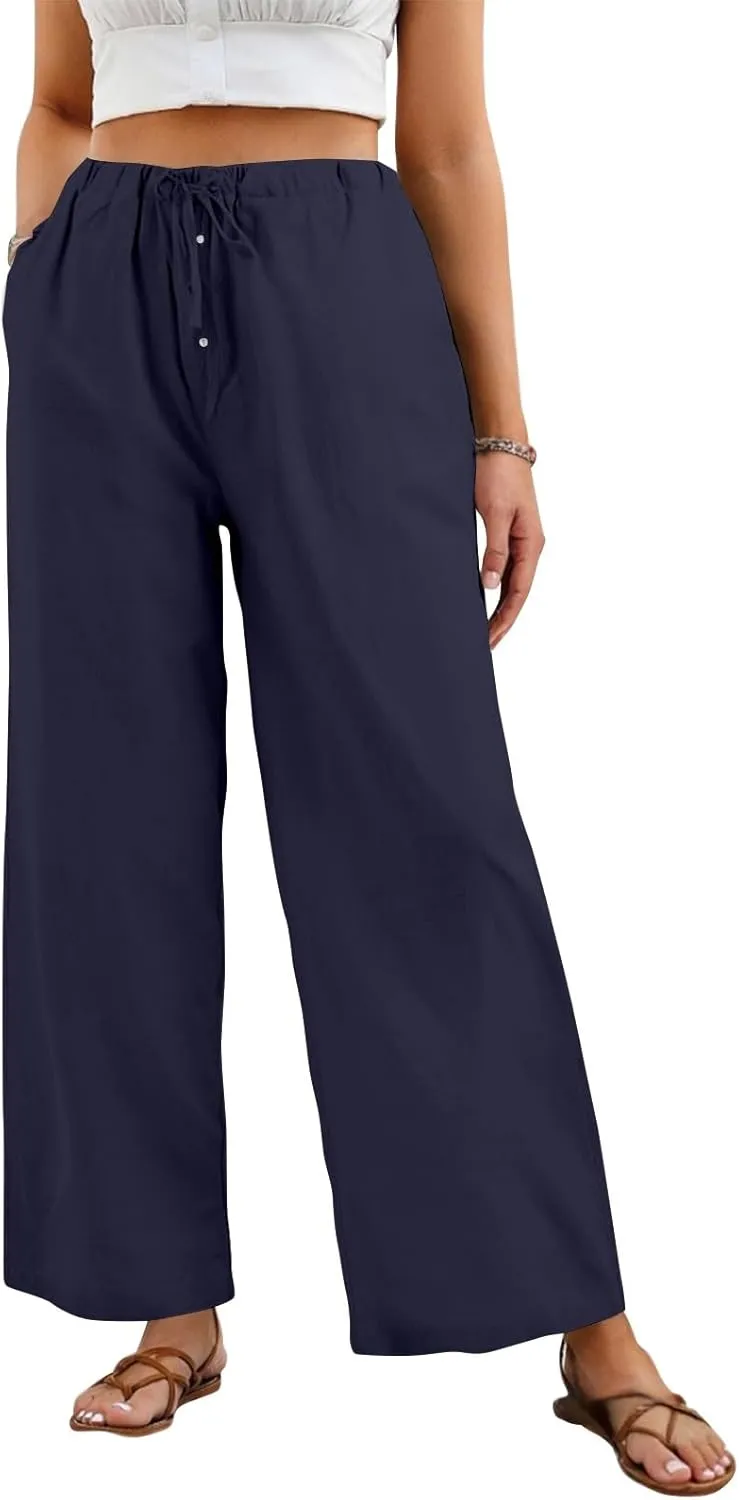 Linen Pants for Women Palazzo Button Down High Waisted Wide Leg Pants Lounge Elastic Summer Solid Clothes Baggy Pocket