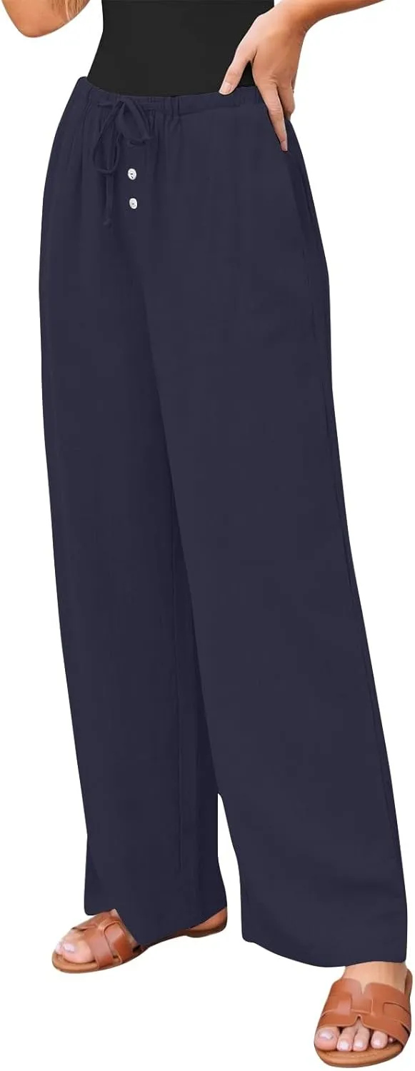 Linen Pants for Women Palazzo Button Down High Waisted Wide Leg Pants Lounge Elastic Summer Solid Clothes Baggy Pocket