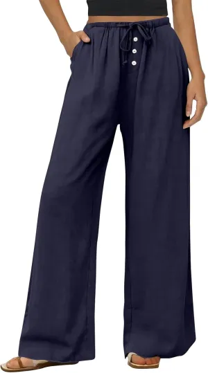 Linen Pants for Women Palazzo Button Down High Waisted Wide Leg Pants Lounge Elastic Summer Solid Clothes Baggy Pocket