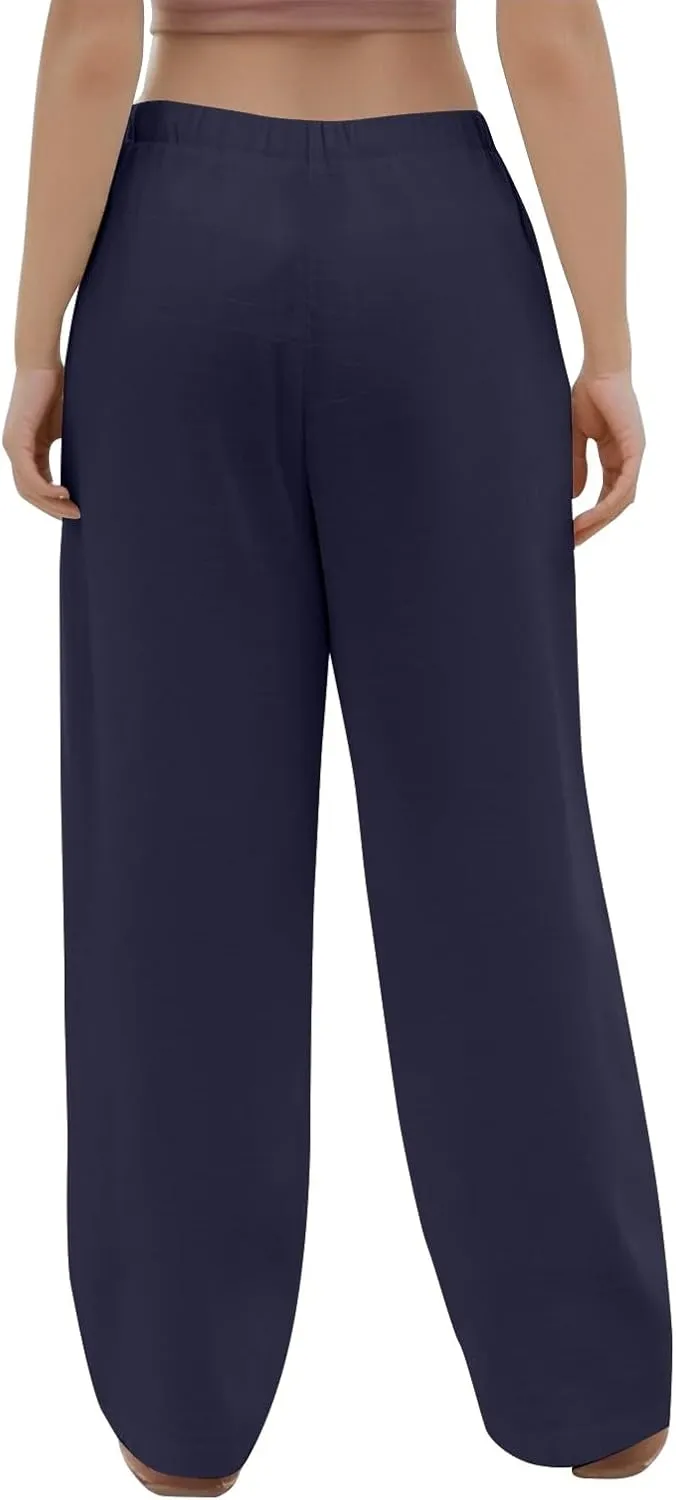 Linen Pants for Women Palazzo Button Down High Waisted Wide Leg Pants Lounge Elastic Summer Solid Clothes Baggy Pocket