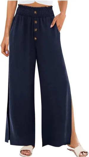Linen Pants for Women Side Split Button Up Summer Vintage Wide Leg Trousers Loose Casual High Waisted Pants with Pockets