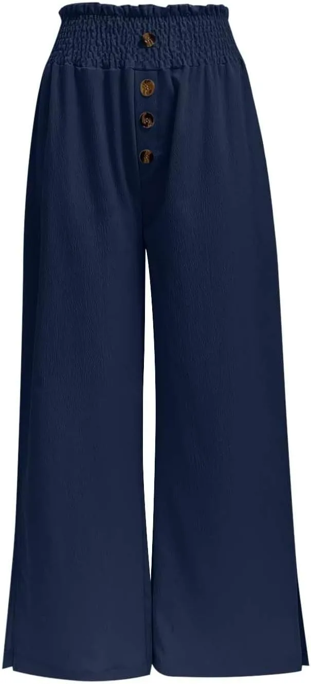 Linen Pants for Women Side Split Button Up Summer Vintage Wide Leg Trousers Loose Casual High Waisted Pants with Pockets