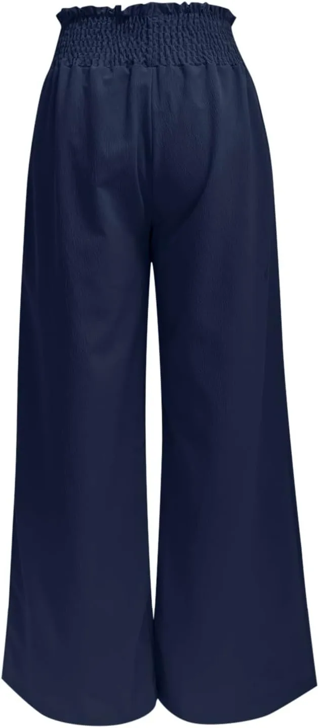 Linen Pants for Women Side Split Button Up Summer Vintage Wide Leg Trousers Loose Casual High Waisted Pants with Pockets