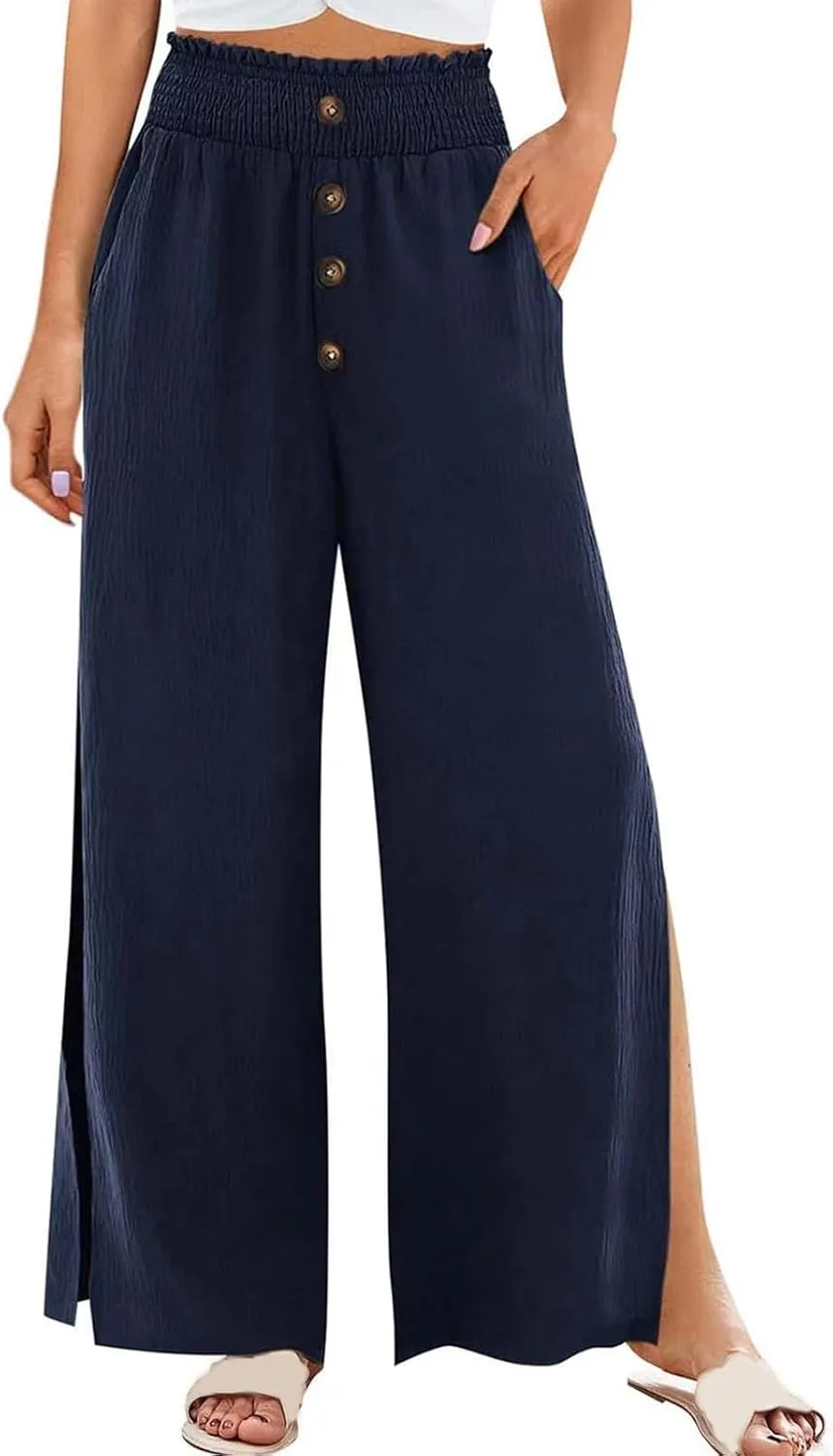 Linen Pants for Women Side Split Button Up Summer Vintage Wide Leg Trousers Loose Casual High Waisted Pants with Pockets